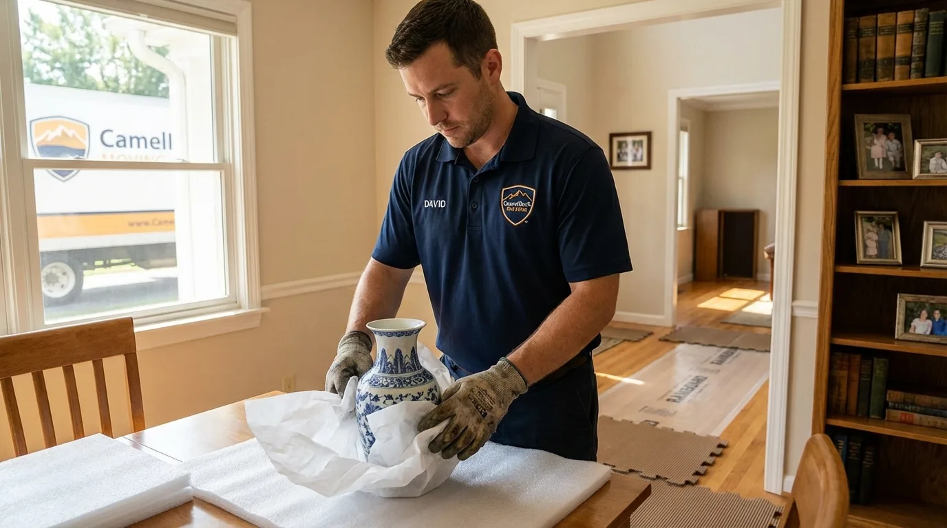 Professional crew carefully wrapping antique vase for senior downsizing move in Lewisport, KY
